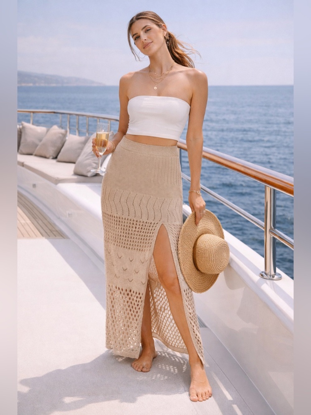 Tan Crochet Maxi Skirt | Boho Beach Cover Up Skirt | Resort Vacation Knit